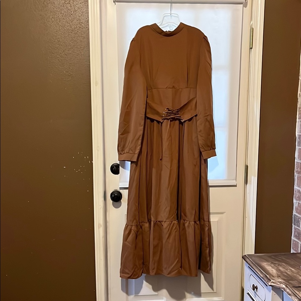 SHEIN Brown Tiered Maxi Dress with Bishop Sleeves